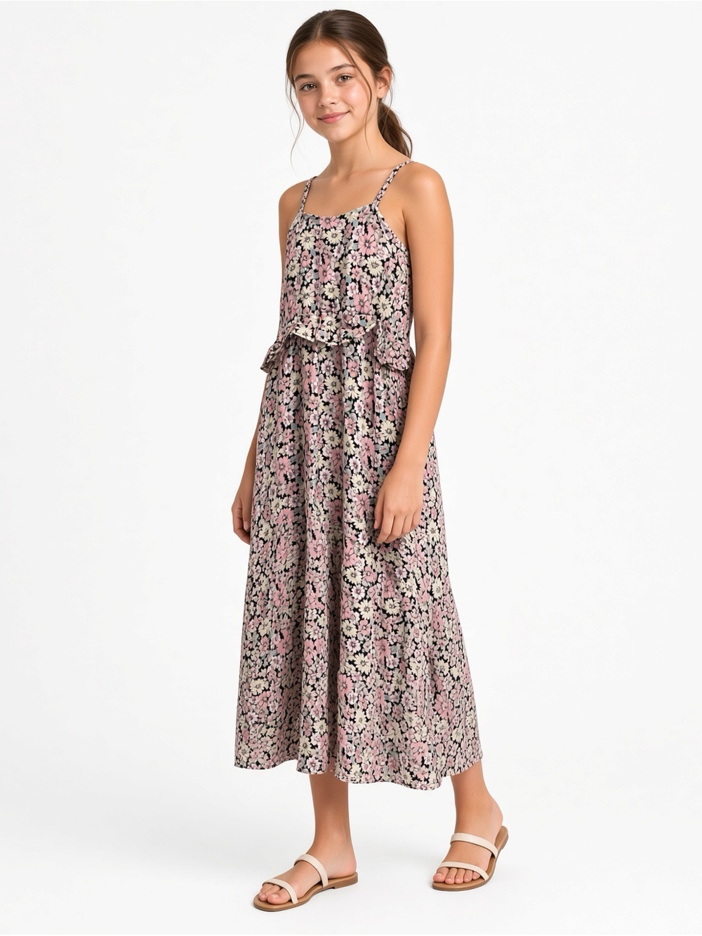 Sunset West Floral Spaghetti-Strap Midi Dress in Pink